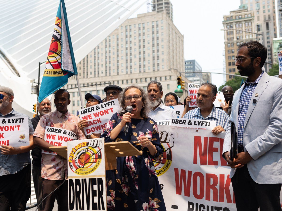 Taxi Workers Alliance director Bhairavi Desai led a protest outside Uber’s World Trade Center headquarters against the company’s ability to deactivate driver accounts without due process,
