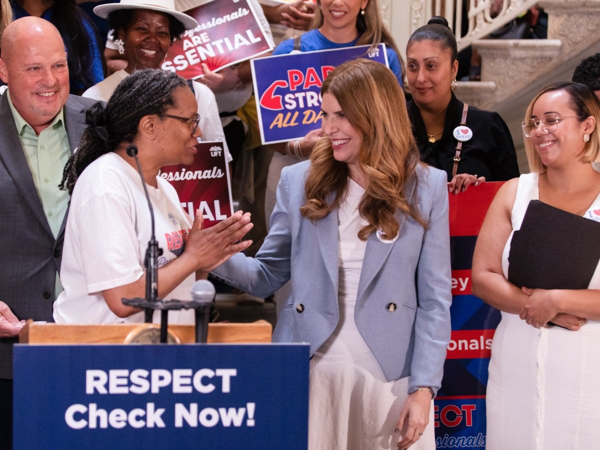 Council Speaker Julie Menin (D-Manhattan) holds a City Hall rally ahead of vote on increased funding for school paraprofessionals,