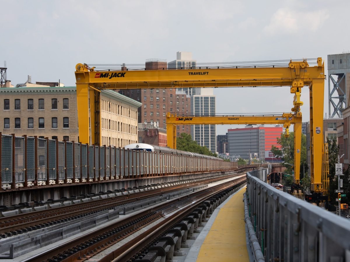 A Metro-North train travels over the Park Avenue Viaduct in East Harlem,