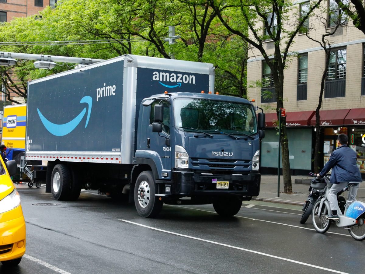 An Amazon delivery truck makes stops in Manhattan, May 6, 2026.