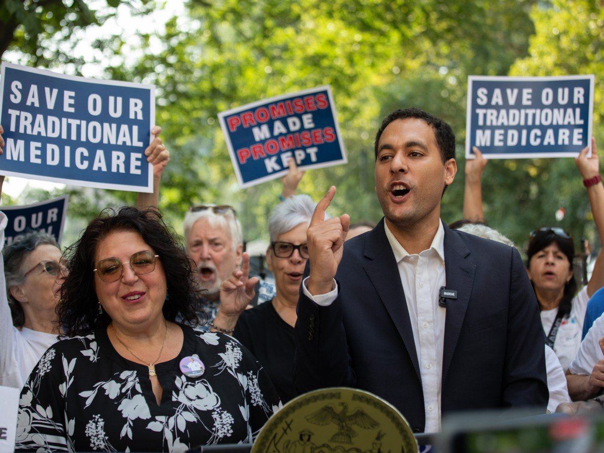 Councilmember Christopher Marte (D-Manhattan) speaks outside City Hall ahead of introducing legislation to save city worker retirees from being moved into a privatized Medicare plan,